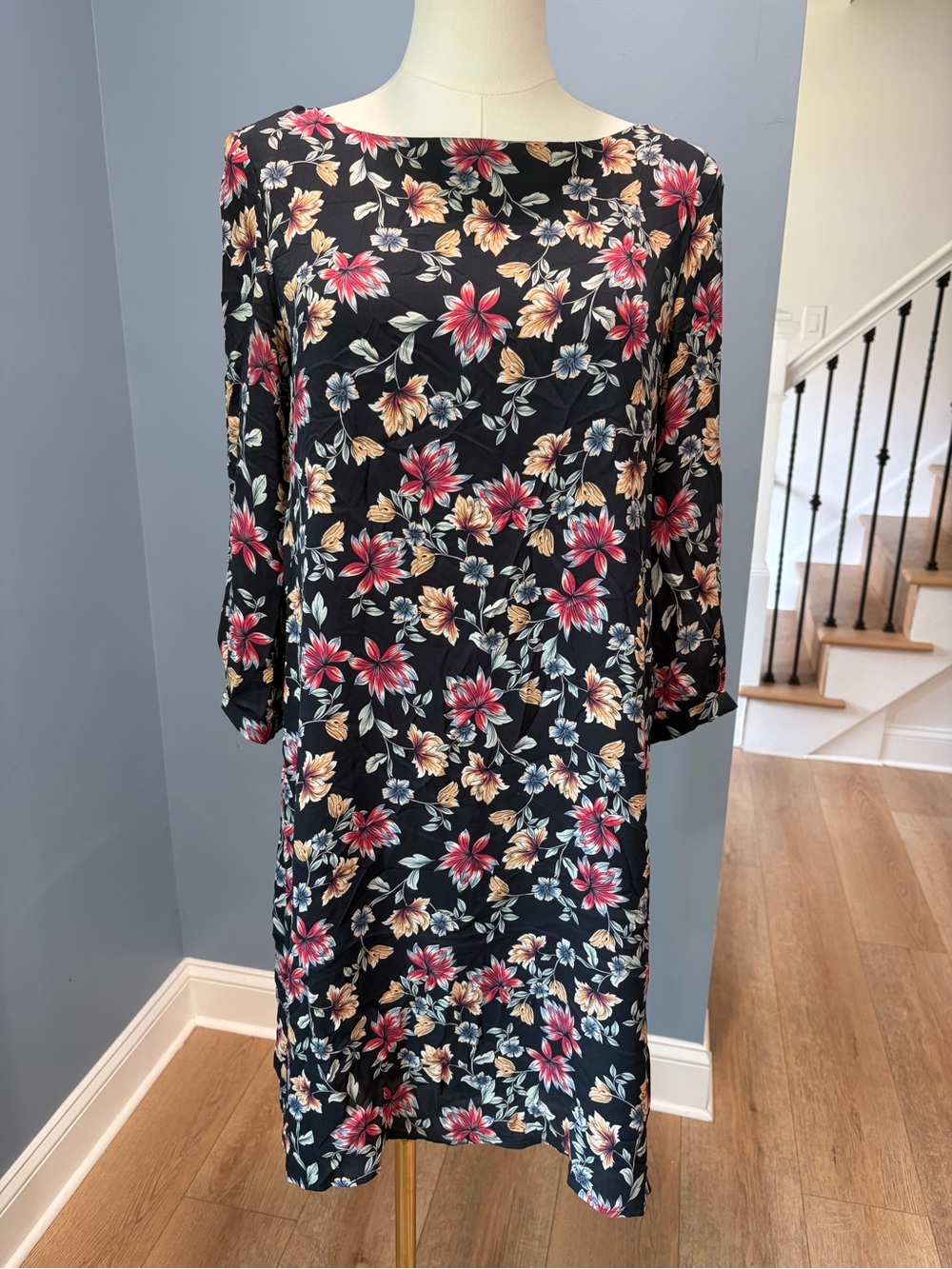 Amour Vert 100% Silk Black Floral Shift Dress XS Made in USA